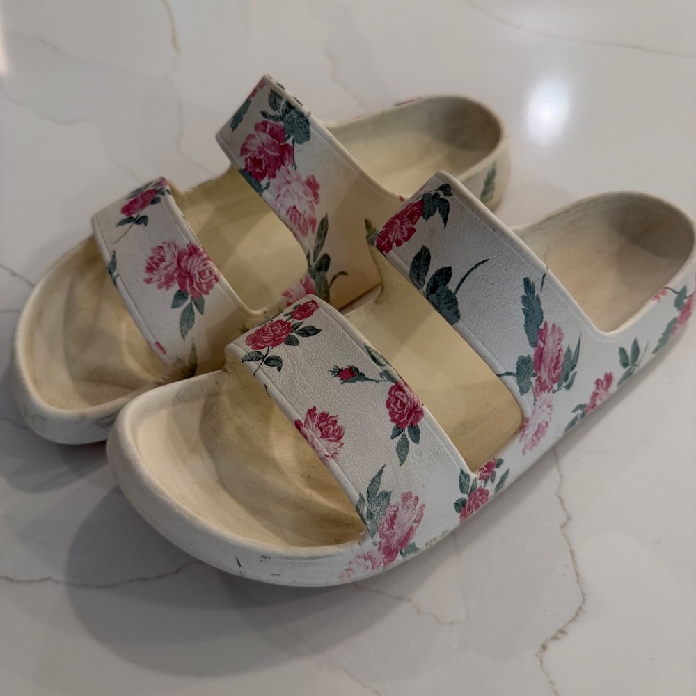 Old Navy Floral Double Strap Slide‎ Sandals White Pink Rose Print Girls Size 3-4